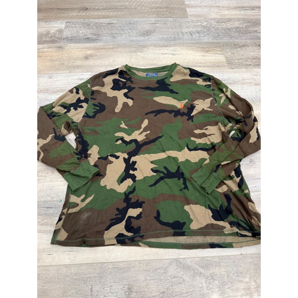 Polo Ralph Lauren Mens 2XL Camo Waffle Knit Thermal Long Sleeve Orange Pony